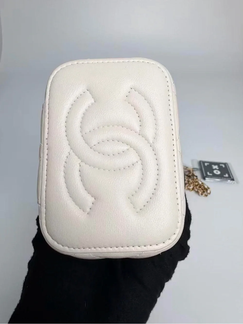 CHANEL Cream Quilted Vanity Crossbody with Gold Chain